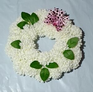 Elegant White Floral Wreath with Leaves Pink Pot dot Brown Bow Handcrafted